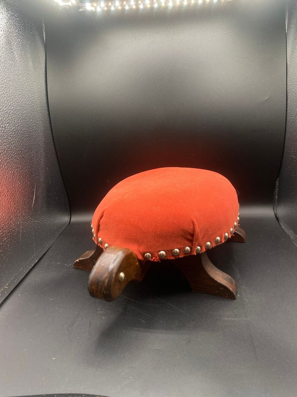 Vintage Wooden Footstool Red Upholstered Stool Nailhead Trim Ottoman 15”